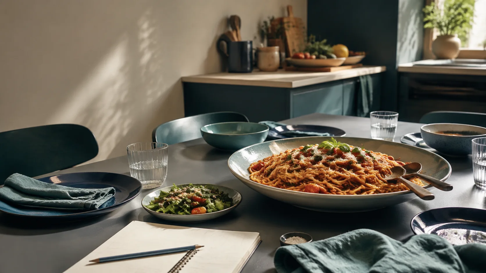 A family-style pasta meal waiting on a modern kitchen table beside a recipe notebook
