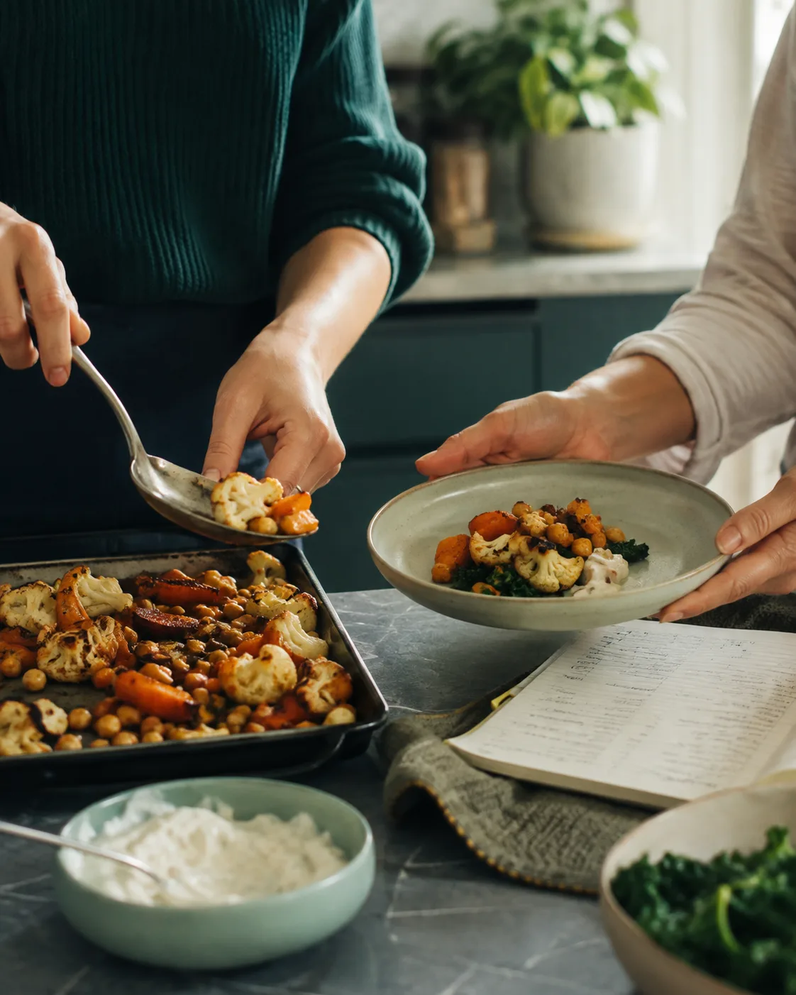Two home cooks serving roasted vegetables together beside an open recipe notebook